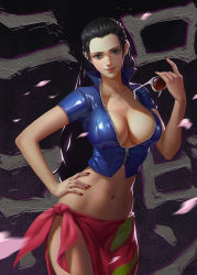  1girl 2016 artist_name black_hair blue_jacket breasts c_home chome cleavage closed_mouth collarbone cowboy_shot cropped_jacket dated eyelashes unworn_eyewear fingernails green_eyes hair_slicked_back hand_on_own_hip hand_up high_collar highres holding holding_removed_eyewear jacket large_breasts lips long_hair looking_at_viewer midriff nail_polish navel nico_robin no_bra nose one_piece partially_unzipped petals pink_lips red_nails sarong shiny_clothes shirt smile solo stomach sunglasses tied_shirt unzipped  rating:Sensitive score:62 user:danbooru