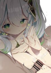  1boy 1girl arm_up bar_censor bikini blush breasts censored clothed_female_nude_male cum ejaculation erection from_above genshin_impact gradient_background green_bikini green_eyes green_hair groin hair_ornament heart heart-shaped_pupils highres liely loli long_hair looking_at_viewer looking_up micro_bikini nahida_(genshin_impact) naughty_face navel nude penis pointy_ears pov side_ponytail sitting sitting_on_lap sitting_on_person small_breasts steam stomach sweat swimsuit symbol-shaped_pupils thigh_gap thigh_sex thighs white_hair  rating:Explicit score:368 user:danbooru