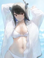 1girl aoteka asymmetrical_horns bikini black_hair blue_hair breasts colored_inner_hair demon_horns highres hololive hololive_english horns large_breasts long_hair looking_at_viewer mole mole_under_eye multicolored_hair navel nerissa_ravencroft open_mouth red_eyes shirt smile solo swimsuit virtual_youtuber wet wet_clothes wet_shirt white_bikini white_shirt 