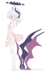  1girl alternate_costume ballerina black_horns blue_archive breasts demon_wings dress from_side grey_hair halo highres hina_(blue_archive) horns itamochi low_wings multiple_horns pantyhose pink_dress profile purple_eyes purple_wings simple_background sleeveless sleeveless_dress small_breasts solo white_background white_footwear white_pantyhose wings 