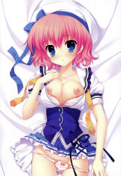 1girl absurdres blue_eyes bow bow_bra bow_panties bra bra_pull breasts clothes_pull corset frills gathers groin hat highres himezono_risa image_sample lingerie medium_breasts mitha necktie nipple_slip nipples open_clothes open_shirt panties panty_pull pink_bra pink_hair pink_panties ribbon shirt short_hair solo underwear undressing yuyukana rating:Questionable score:13 user:danbooru