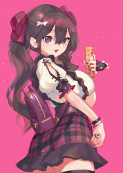  1girl absurdres black_nails black_thighhighs brown_hair frilled_skirt frills highres himekaidou_hatate looking_at_viewer orchid_(pixiv3730518) pink_background plaid plaid_skirt puffy_short_sleeves puffy_sleeves purple_eyes short_sleeves skirt smile solo thighhighs touhou twintails 