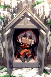  1girl black_jacket echo_(circa) fate/grand_order fate_(series) grey_hair hood hood_up hooded_jacket jacket looking_at_viewer rengoku_(fate) rengoku_(first_ascension)_(fate) short_hair solo translation_request yellow_eyes 
