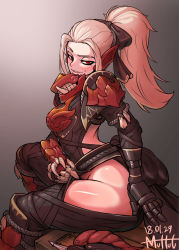  1girl armor armored_boots artist_name back backless_outfit bare_back blonde_hair boots bow breastplate clothes_pull dated evil_grin evil_smile from_side gauntlets grin hair_bow half-closed_eyes high_ponytail highres hip_vent lips long_hair looking_at_viewer mask monster_hunter monster_hunter:_world monster_hunter_(series) muhut naughty_face no_panties odogaron_(armor) pants pants_pull parted_lips ponytail pulled_by_self red_eyes sitting smile smirk solo  rating:Sensitive score:98 user:danbooru