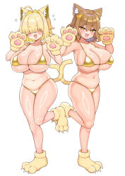  2girls ahoge animal_ears anis_(nikke) arato_asato bikini blonde_hair blush breasts brown_eyes brown_hair cat_ears cat_tail character_request cleavage collarbone elegg_(nikke) goddess_of_victory:_nikke gold_bikini hair_intakes hair_over_eyes highres kemonomimi_mode large_breasts leg_up looking_at_viewer micro_bikini multiple_girls navel on_one_leg shiny_skin short_hair simple_background smile swimsuit tail teeth undersized_clothes upper_teeth_only white_background 