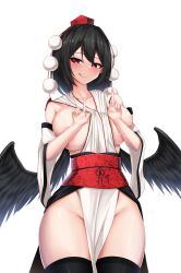  1girl :q absurdres areola_slip between_breasts black_hair black_thighhighs black_wings blush breasts closed_mouth clothes_between_breasts commentary_request covering_breasts covering_privates cowboy_shot detached_sleeves feathered_wings hat highres japanese_clothes kourindou_tengu_costume large_breasts leo23 long_sleeves looking_at_viewer low_wings medium_bangs no_bra no_panties obi pom_pom_(clothes) red_eyes red_sash sash shameimaru_aya short_hair simple_background smile solo thighhighs tokin_hat tongue tongue_out touhou v w white_background wide_sleeves wings 