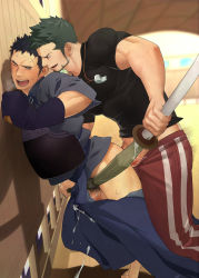 2boys against_wall age_difference anal armor bara barefoot blush bulge clothed_sex coach cum ejaculation erection erection_under_clothes evil_grin evil_smile facial_hair feet grin highres itto_(mentaiko) male_focus male_penetrated multiple_boys muscular muscular_male naughty_face open_mouth orgasm penis priapus priapus_a._tarou restrained scar sex smile smirk steam sweat teacher teeth toes tongue undressing weapon wince yaoi rating:Explicit score:64 user:harucho