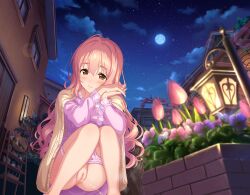 1girl blush building censored cloud flower highres idolmaster idolmaster_cinderella_girls lantern lens_flare long_hair long_sleeves looking_at_viewer moon night night_sky nightgown nude_filter outdoors own_hands_together panties panty_pull peeing pink_hair plant potted_plant purple_nightgown purple_panties pussy saionji_kotoka sky smile solo squatting star_(sky) starry_sky steam third-party_edit uncensored underwear yellow_eyes rating:Explicit score:32 user:akarin_akari