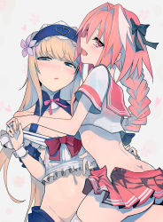  2boys ass astolfo_(fate) astolfo_(sailor_paladin)_(fate) blonde_hair blue_eyes blush bow braid butt_crack chevalier_d&#039;eon_(fate) commentary_request cropped_shirt fang fate/apocrypha fate/grand_order fate_(series) flower hair_between_eyes hair_bow hair_flower hair_ornament hairband hand_on_another&#039;s_chin heart highres holding_hands long_hair looking_at_viewer multiple_boys navel no_panties official_alternate_costume open_mouth pink_eyes pink_hair pleated_skirt revision school_uniform serafuku skin_fang skirt smile straddling thighhighs trap unworn_skirt walzrj white_background  rating:Questionable score:39 user:danbooru