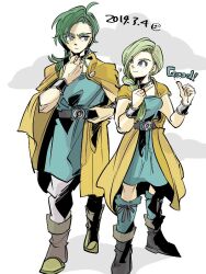  1boy 1girl adjusting_belt ancestor_and_descendant belt bianca_(dq5) bianca_(dq5)_(cosplay) blonde_hair blue_eyes boots bracelet braid brown_footwear bykillt cape closed_mouth cloud cloudy_sky commentary_request cosplay dated dragon_quest dragon_quest_iv dragon_quest_v dress earrings full_body green_dress green_hair green_socks green_tunic hair_over_shoulder height_difference hero_(dq4) jewelry knee_boots long_hair looking_at_another medium_hair neck_ring orange_cape pants single_braid sky smile socks standing thumbs_up white_pants 