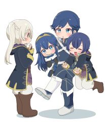  2boys 2girls :o black_coat blue_eyes blue_gloves blue_hair blue_pants blush boots brand_of_the_exalt brown_footwear carrying carrying_under_arm chrom_(fire_emblem) coat covering_own_mouth family fingerless_gloves fire_emblem fire_emblem_awakening full_body gloves hair_between_eyes highres long_hair long_sleeves lucina_(fire_emblem) morgan_(fire_emblem) morgan_(male)_(fire_emblem) multiple_boys multiple_girls nintendo open_clothes open_coat pants robin_(female)_(fire_emblem) robin_(fire_emblem) rukinya_nya short_hair symbol_in_eye tiara twintails white_background white_hair white_pants yellow_eyes 