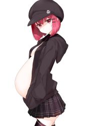  1girl ariaria_(netsuki) black_thighhighs breasts cabbie_hat dot_nose female_focus from_side hair_ornament hairclip hands_in_pockets hat hood hoodie loli looking_at_viewer miniskirt miruto_netsuki navel no_bra open_clothes open_hoodie original parted_lips pleated_skirt pregnant red_eyes red_hair short_hair simple_background skirt small_breasts solo sweat tagme thighhighs thighs upper_body white_background zettai_ryouiki  rating:Questionable score:46 user:chicken