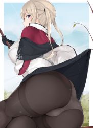 1girl arm_under_breasts ass black_gloves black_skirt blonde_hair blush border branch breasts capelet day embarrassed gloves graf_zeppelin_(kancolle) grey_jacket grey_panties highres jacket kantai_collection large_breasts lying maruyaa_(malya1006) on_side outdoors outside_border panties pantyhose pleated_skirt purple_eyes sidelocks sitting skirt snagged solo thighband_pantyhose tree twintails underwear white_border rating:Questionable score:13 user:danbooru
