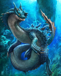  absurdres air_bubble algae blue_scales blue_theme bubble claws crocodilian dragon electricity electrokinesis fish highres horns lagiacrus looking_at_viewer monster monster_focus monster_hunter monster_hunter_(series) monster_hunter_3 no_humans ocean scales sea_monster sharp_teeth slit_pupils spikes submerged sunlight tail teeth uchi_vs_the_world underwater watermark yellow_eyes 
