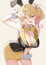  1girl animal_ears armpits bare_shoulders black_vest blonde_hair bow bowtie breasts bunny_garden cleavage collared_vest commentary_request cowboy_shot crossed_bangs fake_animal_ears gluteal_fold gradient_hair hair_between_eyes hair_intakes highres large_breasts leaning_forward looking_at_viewer miniskirt multicolored_hair one_eye_closed open_mouth pencil_skirt pink_eyes pink_hair piyopoyo rabbit_ears rin_(bunny_garden) see-through_silhouette side_ponytail simple_background skirt smile solo v_over_eye vest white_wrist_cuffs wrist_cuffs yellow_background yellow_bow yellow_bowtie yellow_skirt 