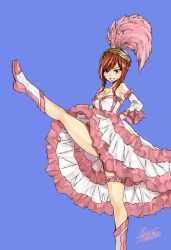 1girl black_hair blue_background blush boots breasts cleavage copyright_name dress erza_scarlet fairy_tail feathers hair_ornament large_breasts leg_up looking_at_viewer mashima_hiro red_hair simple_background smile solo rating:Sensitive score:30 user:danbooru