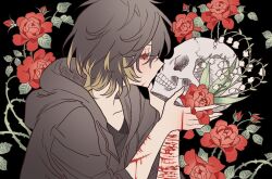  1boy bad_id bad_pixiv_id black_background black_jacket black_shirt bleeding blood brown_hair closed_eyes cuts floral_background flower hands_up highres holding holding_skull hood hooded_jacket injury jacket kiss kissing_skull lily_of_the_valley male_focus meremero profile red_flower red_rose rose scar scar_on_arm scar_on_face self-harm self-harm_scar shirt short_hair skull slow_damage towa_(slow_damage) wrist_cutting 