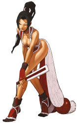 1girl bare_shoulders bent_over black_hair breasts cleavage folded_fan hand_fan fatal_fury fingerless_gloves folding_fan gloves japanese_clothes large_breasts long_hair ninja nona official_art pelvic_curtain ponytail revealing_clothes shiranui_mai snk solo tabi the_king_of_fighters the_king_of_fighters_2002 rating:Questionable score:24 user:danbooru
