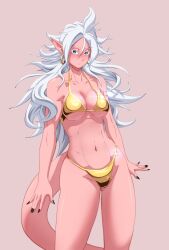  1girl android_21 bikini blue_eyes breasts cleavage colored_skin dragon_ball dragon_ball_fighterz earrings female_focus ftw_arts gluteal_fold gold_bikini highres jewelry long_hair looking_at_viewer majin_android_21 medium_breasts nail_polish navel pink_skin pointy_ears solo tail underboob white_hair 