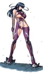  aqua_eyes areola_slip bare_shoulders blue_hair bodysuit breasts broken_ground covered_collarbone covered_erect_nipples elbow_gloves fishnets full_body gloves highres holding holding_sword holding_weapon igawa_asagi kagami_hirotaka katana large_breasts long_hair looking_at_viewer navel official_art parted_lips purple_bodysuit purple_gloves reverse_grip seductive_smile simple_background sleeveless smile solo standing sword taimanin_(series) taimanin_asagi thighhighs torn_bodysuit torn_clothes turtleneck weapon white_background  rating:Questionable score:29 user:danbooru