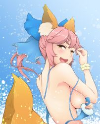 10s 1girl animal_ears bikini blue_bikini blush breasts fang fate/extella fate/extra fate/extra_ccc fate/grand_order fate_(series) fox_ears fox_tail hair_ribbon highres inamochi_keiichirou large_breasts long_hair looking_at_viewer open_mouth pink_hair ribbon sideboob solo swimsuit tail tamamo_(fate) tamamo_no_mae_(fate/extra) tamamo_no_mae_(swimsuit_lancer)_(fate) tamamo_no_mae_(vacances_d&#039;ete)_(fate) yellow_eyes
