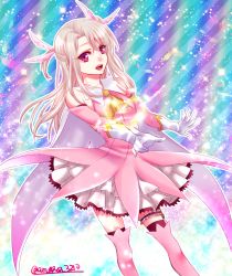  1girl :d ama_nocchi asymmetrical_bangs black_thighhighs boots detached_sleeves fate/kaleid_liner_prisma_illya fate_(series) feather_hair_ornament feathers floating_hair gloves hair_between_eyes hair_ornament layered_skirt long_hair long_sleeves miniskirt open_mouth pink_feathers pink_footwear pink_shirt pink_sleeves pleated_skirt prisma_illya red_eyes shirt silver_hair skirt sleeveless sleeveless_shirt smile solo thigh_boots thighhighs twitter_username white_gloves white_skirt yellow_neckwear 