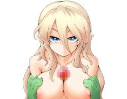  1girl blonde_hair blue_eyes breasts censored collarbone expressionless gloves hands_on_own_chest large_breasts long_hair looking_at_viewer micaela_(mon-musu_quest!) mon-musu_quest! nipples nude paizuri penis pointy_ears pov sidelocks solo_focus transparent_background white_background  rating:Explicit score:60 user:Rikko-43