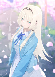  1girl alternate_costume an-94_(girls&#039;_frontline) black_hairband blue_cardigan blue_eyes blue_ribbon blush cardigan cherry_blossoms closed_mouth commission dress eyebrows_hidden_by_hair falling_petals girls&#039;_frontline hairband highres long_hair looking_at_viewer outdoors petals ribbon samsam_s2s sidelocks smile solo white_dress 