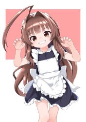  1girl ahoge apron black_dress blunt_bangs bow brown_eyes brown_hair claw_pose collared_dress commentary_request dress dress_bow frilled_apron frilled_dress frills grin hands_up kantai_collection kuma_(kancolle) light_blush long_hair looking_at_viewer maid maid_headdress nail_polish nassukun pink_background pink_nails short_dress short_sleeves smile solo standing white_apron white_background white_bow  rating:General score:4 user:danbooru