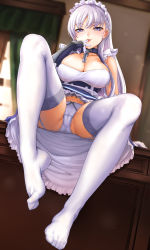  1girl apron azur_lane bad_id bad_pixiv_id bare_shoulders belfast_(azur_lane) braid breasts cameltoe chain cleavage cleft_of_venus collar collarbone curtains desk dress feet finger_to_mouth french_braid frills garter_belt gauntlets gloves highres ipuu_(el-ane_koubou) lace lace-trimmed_legwear lace_trim large_breasts lips long_hair maid maid_headdress naughty_face no_shoes on_desk panties partially_visible_vulva purple_eyes seductive_smile silver_hair sitting on_desk smile solo spread_legs thighhighs toes tongue underwear white_gloves white_panties white_thighhighs window  rating:Questionable score:119 user:danbooru