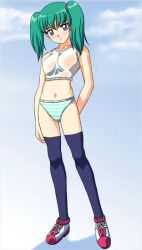  1girl aqua_hair bare_shoulders blush breasts cloud honjo_mikaze looking_at_viewer navel panties purple_eyes sky solo standing stratos_4 striped_clothes striped_panties thighhighs thighs twintails underwear  rating:Questionable score:2 user:Stratos_4