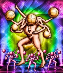  4others 88kasyo_junrei abstract_background ball barefoot clone expressionless extra_arms full_body headless highres holding holding_ball looking_at_viewer multiple_others nude pointing pointing_up star_(symbol) surreal taniguchi_takashi tile_floor tiles 