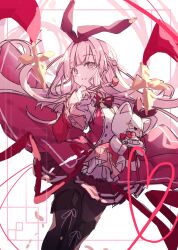  1girl absurdres arcaea black_footwear black_pantyhose boots bow_hairband braid double_horizontal_stripe floating_hair food footwear_ribbon fork frilled_sleeves frills fruit grey_eyes hair_ornament hair_ribbon hairband hand_up heart highres holding holding_fork kou_(arcaea) long_hair long_sleeves miniskirt miyu_(miy_u1308) pantyhose parted_lips pink_hair pink_ribbon pleated_skirt rabbit_hair_ornament red_hairband red_ribbon red_skirt ribbon skirt solo strawberry stuffed_toy thigh_boots thighs very_long_hair white_background 