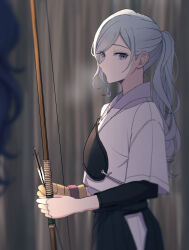  2girls absurdres archery arrow_(projectile) asahina_mafuyu black_skirt bow_(weapon) breath commentary curly_hair doraimon0312 from_side gloves grey_eyes grey_hair hakama hakama_skirt highres hinomori_shizuku holding holding_bow_(weapon) holding_weapon japanese_clothes kyuudou multiple_girls muneate no_mouth partially_fingerless_gloves partly_fingerless_gloves ponytail project_sekai purple_hair shirt side_slit sidelocks single_glove skirt weapon white_shirt yugake 