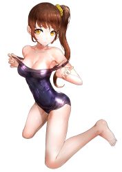 1girl barefoot breasts brown_hair cleavage clothes_pull feet full_body kfr kneeling long_hair long_legs medium_breasts off_shoulder one-piece_swimsuit original school_swimsuit side_ponytail solo swimsuit white_background yellow_eyes rating:Sensitive score:49 user:danbooru