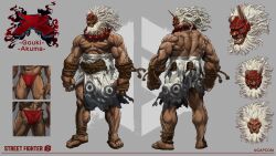  1boy akuma_(street_fighter) ass beard broken_horn bulge character_name character_sheet commentary copyright_name dark-skinned_male dark_skin english_commentary facial_hair fangs frown fundoshi grey_hair highres horned_mask horns japanese_clothes kimono mask midriff_sarashi muscular muscular_male official_alternate_costume official_art oni_mask red_eyes red_fundoshi sandals sarashi solo standing street_fighter street_fighter_6 torn_clothes 