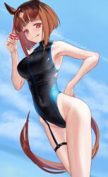  1girl absurdres animal_ears black_one-piece_swimsuit blue_sky bob_cut breasts brown_hair cloud competition_swimsuit covered_navel hand_on_own_hip highleg highleg_swimsuit highres holding holding_removed_eyewear horse_ears horse_girl horse_tail inverted_bob looking_at_viewer medium_breasts one-piece_swimsuit red_eyes red_hair short_hair sky solo swimsuit tail tatsumi_yashiro tongue tongue_out transcend_(umamusume) umamusume unworn_eyewear 
