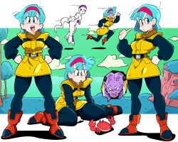  1girl 2boys belt blue_eyes blue_hair boots breasts bulma captain_ginyu cloud colored_skin crab dragon_ball dragonball_z earrings frieza grass green_sky hairband highres index_finger_raised jewelry looking_at_viewer medium_breasts multiple_boys multiple_views namek ocean on_ground open_mouth purple_skin red_hairband running scott_malin short_hair sitting sky speech_bubble spoken_character standing tree wariza white_skin 