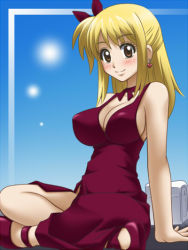 00s 1girl arm_support awa blush breasts cleavage dress fairy_tail half_updo large_breasts lucy_heartfilia sitting solo rating:Sensitive score:35 user:danbooru