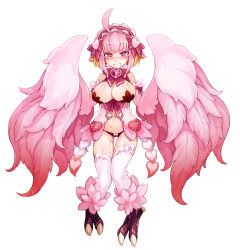  1girl ahoge blonde_hair blush breasts cleavage digitigrade drooling feathered_wings feathers female_focus full_body hairband harpy jubjub_(monster_girl_encyclopedia) kenkou_cross large_breasts looking_at_viewer midriff monster_girl monster_girl_encyclopedia multicolored_hair navel official_art open_mouth panties pink_eyes pink_hair pink_theme pink_wings pussy_juice saliva short_hair simple_background smile solo sweat talons underwear white_background winged_arms wings  rating:Explicit score:271 user:danbooru