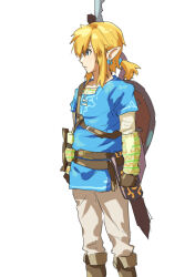  1boy arm_guards baldric belt blonde_hair blue_eyes champion&#039;s_tunic_(zelda) earrings feet_out_of_frame from_side hair_tie jewelry link looking_to_the_side mdf_an nintendo pointy_ears ponytail sheikah_slate shield shield_on_back sidelocks simple_background sketch solo standing the_legend_of_zelda the_legend_of_zelda:_breath_of_the_wild white_background 