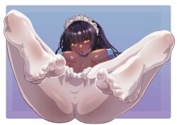 1girl ahoge ass black_hair blue_archive breasts covered_erect_nipples covered_pussy dark-skinned_female dark_skin full_body green_eyes highres karin_(blue_archive) large_breasts long_hair looking_to_the_side m_legs maid_headdress matobe_ono neck_ribbon no_halo no_shoes open_mouth pantyhose pussy ribbon spread_pussy spread_pussy_under_clothes toes white_pantyhose 