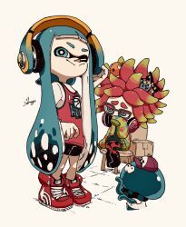  2girls :&gt; annie_(splatoon) arrow_print artist_name baseball_cap black_footwear black_scarf black_shorts blue_eyes blue_hair blunt_bangs box cardboard_box closed_mouth clownfish colored_eyelashes commentary_request fish full_body furrowed_brow green_hair green_hoodie green_shirt hair_ornament hand_on_headphones hat headphones headphones_around_neck highres hood hoodie inkling_girl inkling_player_character jelonzo_(splatoon) jersey long_hair looking_at_another moe_(splatoon) multicolored_hair multiple_girls nintendo on_stool one_eye_closed open_clothes open_hoodie pants print_hoodie red_footwear red_hair red_pants red_pupils scarf shirt shoes shogo_(shogo70449442) short_hair short_sleeves shorts sitting sleeves_past_wrists smile sneakers spiked_hair splatoon_(series) splatoon_1 standing star_(symbol) star_hair_ornament striped_clothes striped_scarf tentacle_hair thick_eyebrows twintails two-tone_hair very_long_hair white_shirt 