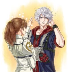  1boy 1girl blue_eyes blush brown_hair couple devil_may_cry devil_may_cry_(series) devil_may_cry_4 dress highres holding hood kyrie long_hair male_focus nero_(devil_may_cry) open_mouth ponytail smile white_hair yse5959 