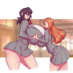  2girls alternate_body_size alternate_breast_size alternate_height black_hair bleach breast_awe breasts breasts dress gigantic_breasts height_difference huge_breasts inoue_orihime kuchiki_rukia long_hair looking_at_breasts multiple_girls n647 orange_hair school_uniform short_dress size_difference smile tall_female thick_thighs thighs uniform wide_hips  rating:Questionable score:63 user:monstermilk