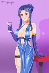  1girl alternate_costume bare_shoulders blue_gloves blue_hair breasts cleavage_cutout clothing_cutout collarbone curvy dress elbow_gloves embarrassed formal gloves hair_bun hand_on_own_hip highres hime_cut john_apocalypse large_breasts long_hair navel navel_cutout no_bra official_alternate_costume red_eyes shiny_skin short_dress simple_background solo taimanin_(series) taimanin_murasaki taimanin_rpgx very_long_hair wide-eyed yatsu_murasaki 