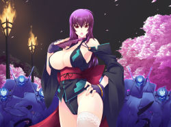 1girl 6+boys armpits bare_shoulders black_gloves breasts cherry_blossoms cleavage cowboy_shot detached_sleeves fingerless_gloves folding_fan gloves haganef hand_fan hand_on_own_hip happy_birthday highres japanese_clothes kouzuki_yuuko lamppost large_breasts long_hair long_sleeves looking_at_viewer multiple_boys muv-luv night ninja no_bra obi open_mouth outdoors petals purple_gloves purple_hair red_eyes revealing_clothes sakura_petals sash sideboob single_thighhigh solo_focus standing thighhighs torch tree tsurime underboob white_thighhighs wide_sleeves rating:Sensitive score:54 user:spiderfan