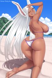  1girl ;d animal_ears arm_up ass back barefoot beach bikini blue_sky blurry boku_no_hero_academia breasts cloud commentary dark-skinned_female dark_skin english_commentary feet foot_out_of_frame from_behind hand_on_own_head highres kneeling kneepits large_breasts legs long_eyelashes long_hair looking_at_viewer looking_back median_furrow mirko mountainous_horizon one_eye_closed open_mouth outdoors parted_bangs patreon_username purple_trim rabbit_ears rabbit_girl rabbit_tail red_eyes rocky-ace sand shadow sky smile soles solo swimsuit tail teeth thighs toes toned_female very_long_hair water white_bikini white_hair 
