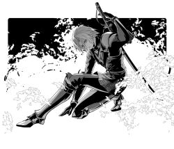  1boy aged_down arm_up armor boots chest_strap chinese_commentary coat commentary_request final_fantasy final_fantasy_vii final_fantasy_vii_ever_crisis foliage full_body gloves greyscale hand_on_ground highres katana knee_boots long_sleeves looking_back male_focus monochrome on_one_knee outdoors pants pauldrons sephiroth serious short_hair shoulder_armor slit_pupils solo sword weapon weapon_on_back yan_river 