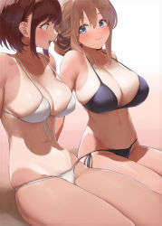 2girls :3 :d arms_behind_back bare_shoulders bikini black_bikini blonde_hair blue_eyes breasts brown_hair cleavage closed_mouth collarbone commentary_request cowboy_shot front-tie_bikini_top front-tie_top groin hair_between_eyes kaisen_chuui large_breasts long_hair looking_at_another multiple_girls navel one-piece_tan open_mouth original shadow short_hair side-tie_bikini_bottom sidelocks sitting smile stomach swimsuit tan tanline teeth upper_teeth_only white_background white_bikini rating:Sensitive score:130 user:danbooru
